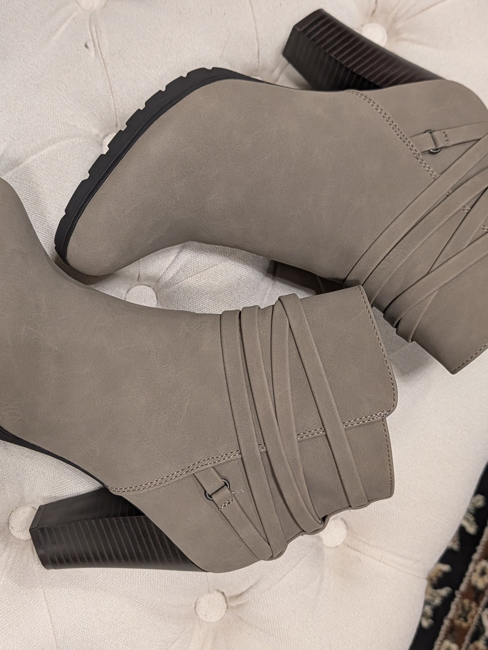 White Mountain Taupe Wrapped-Strap Ankle Booties with Block Heel